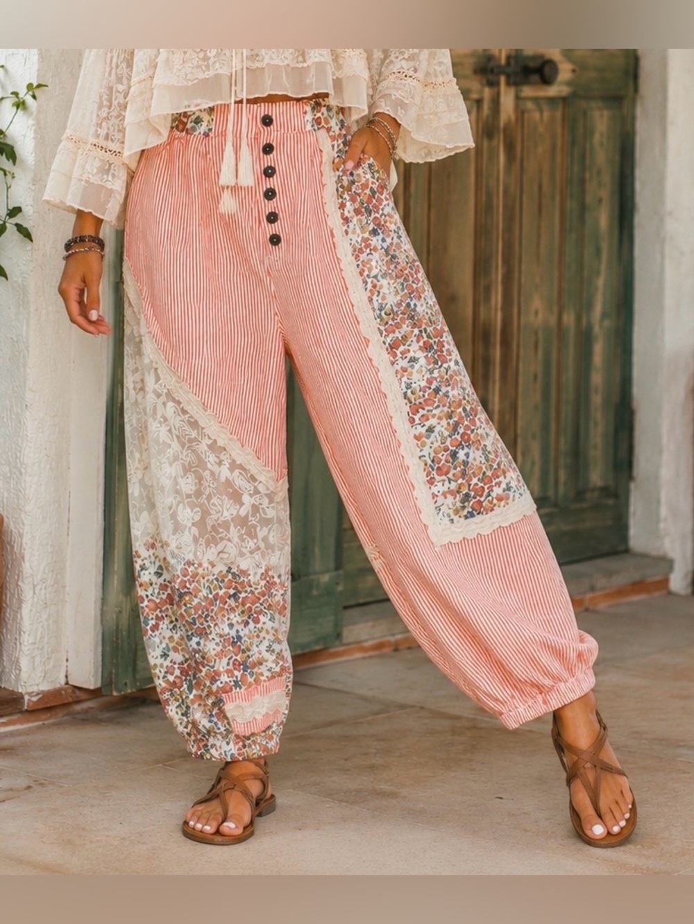 POL Patchwork Floral Stripe Lace Boho Harem Pants Size S NWOT